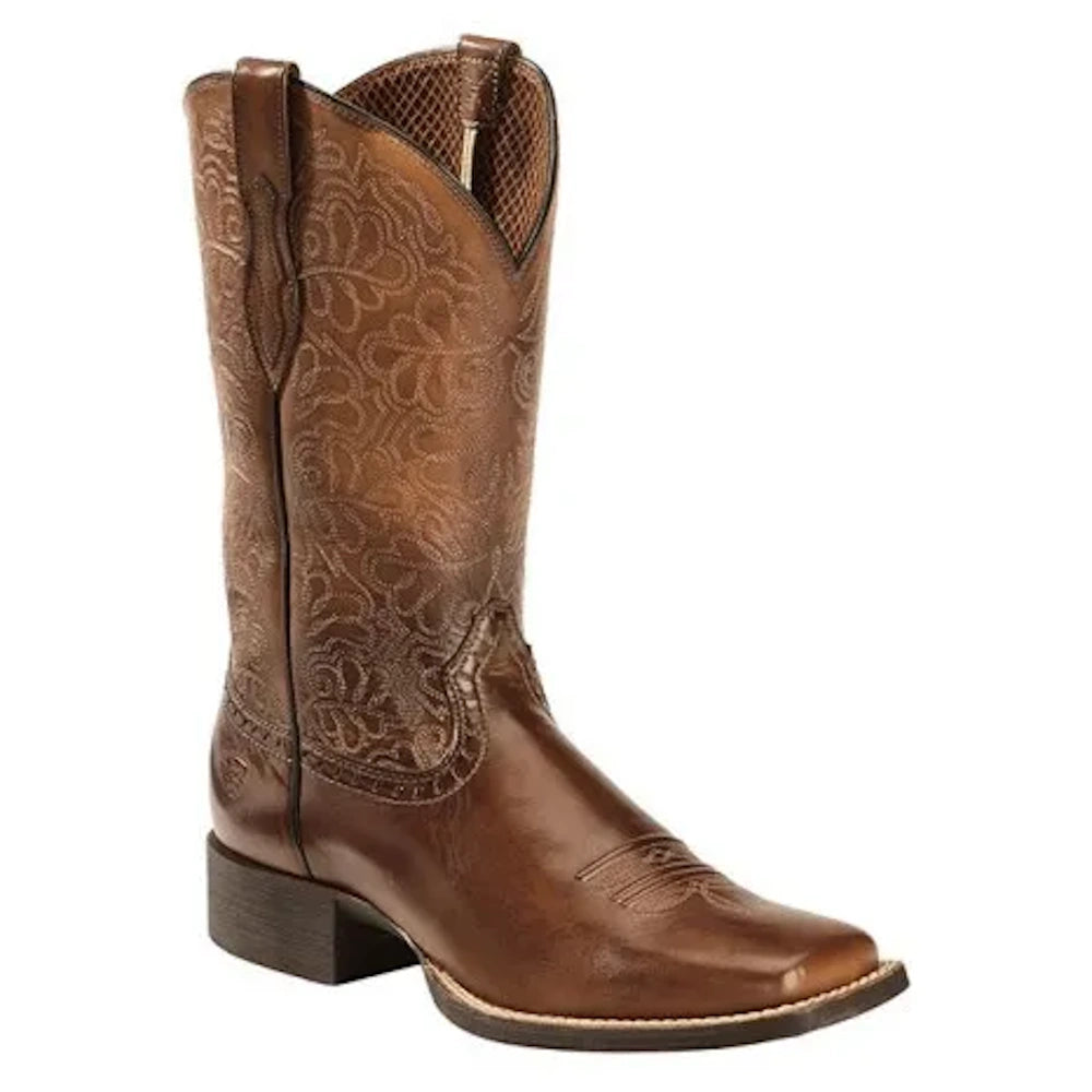 Women's PU Leather Floral Embroidered Side-Zip Mid-Calf Round Toe Block Heel Cowgirl Boots - CB015