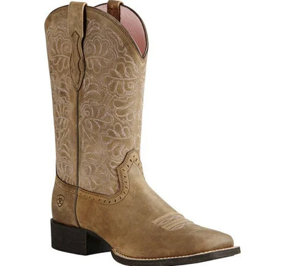 Women's PU Leather Floral Embroidered Side-Zip Mid-Calf Round Toe Block Heel Cowgirl Boots - CB015