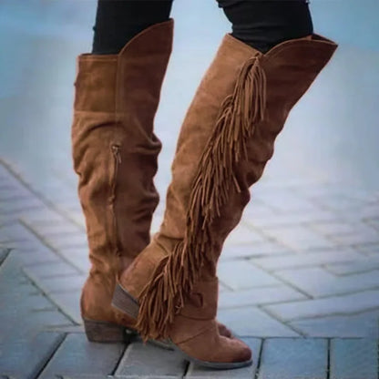 Women's Tassel Side-Zip Knee-High Round Toe Block Heel Cowgirl Boots - CB029