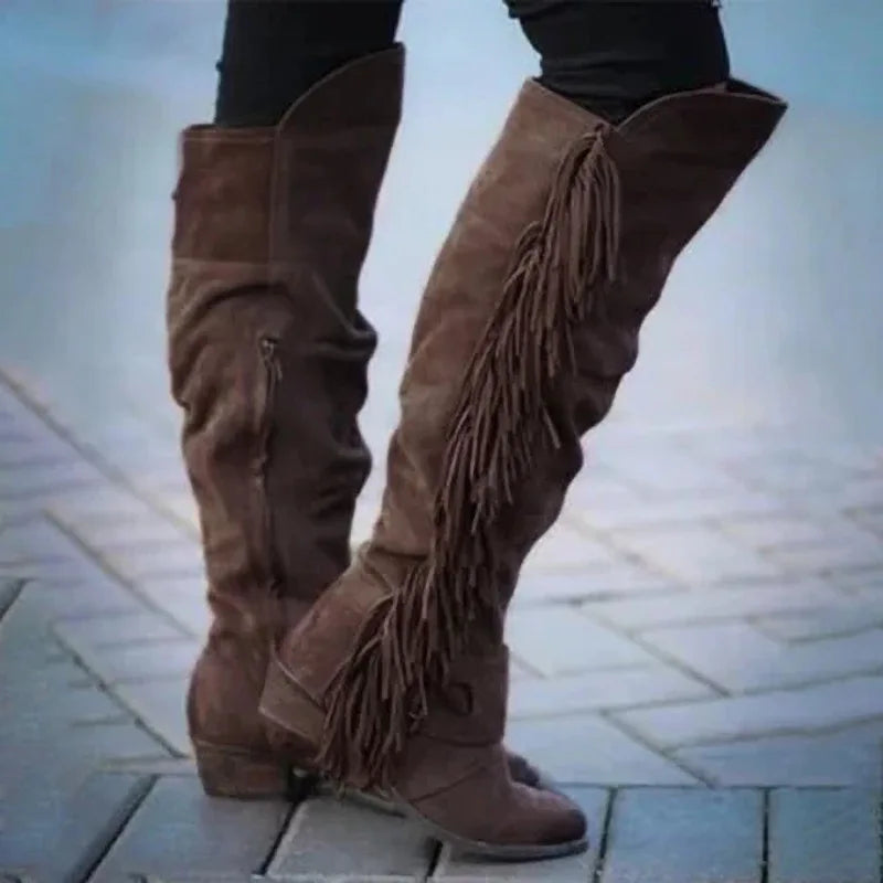 Women's Tassel Side-Zip Knee-High Round Toe Block Heel Cowgirl Boots - CB029