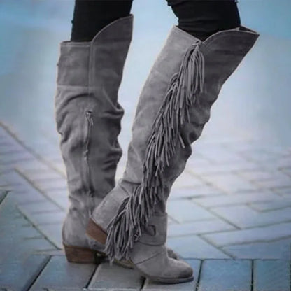 Women's Tassel Side-Zip Knee-High Round Toe Block Heel Cowgirl Boots - CB029