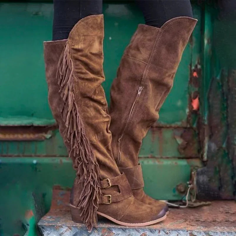 Women's Tassel Side-Zip Knee-High Round Toe Block Heel Cowgirl Boots - CB029