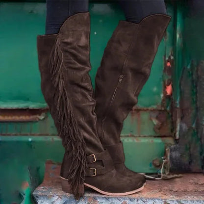 Women's Tassel Side-Zip Knee-High Round Toe Block Heel Cowgirl Boots - CB029