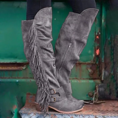 Women's Tassel Side-Zip Knee-High Round Toe Block Heel Cowgirl Boots - CB029