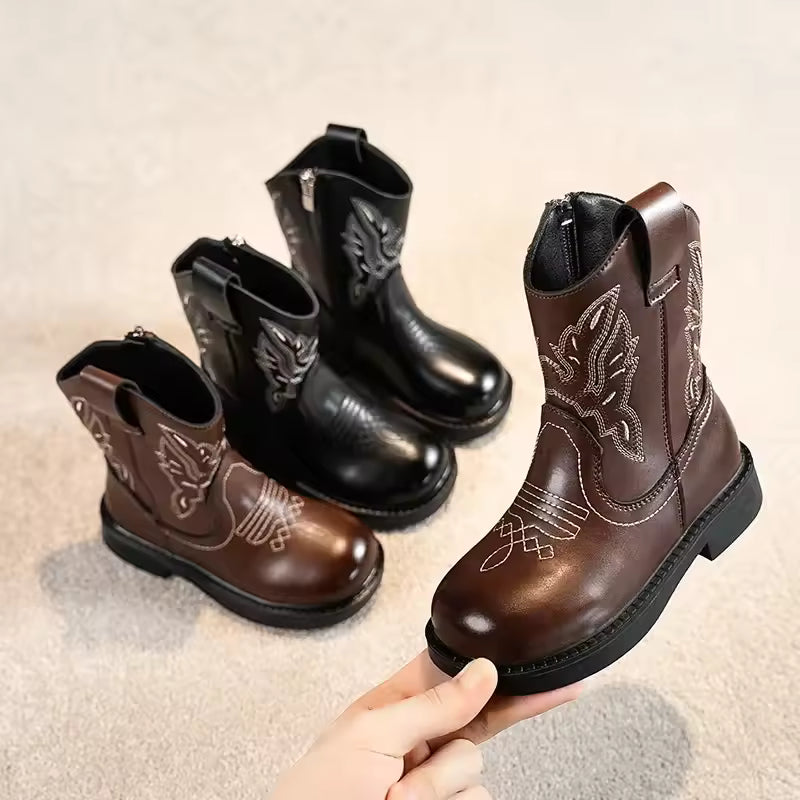 Girls' PU Leather Waterproof Mid-Calf Round Toe Block Heel Cowgirl Boots - CB079