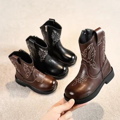 Girls' PU Leather Waterproof Mid-Calf Round Toe Block Heel Cowgirl Boots - CB079