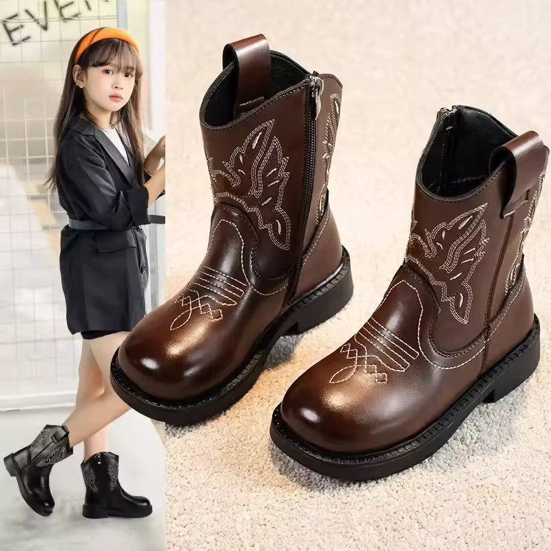 Girls' PU Leather Waterproof Mid-Calf Round Toe Block Heel Cowgirl Boots - CB079