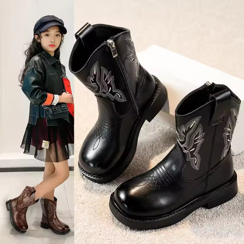 Girls' PU Leather Waterproof Mid-Calf Round Toe Block Heel Cowgirl Boots - CB079