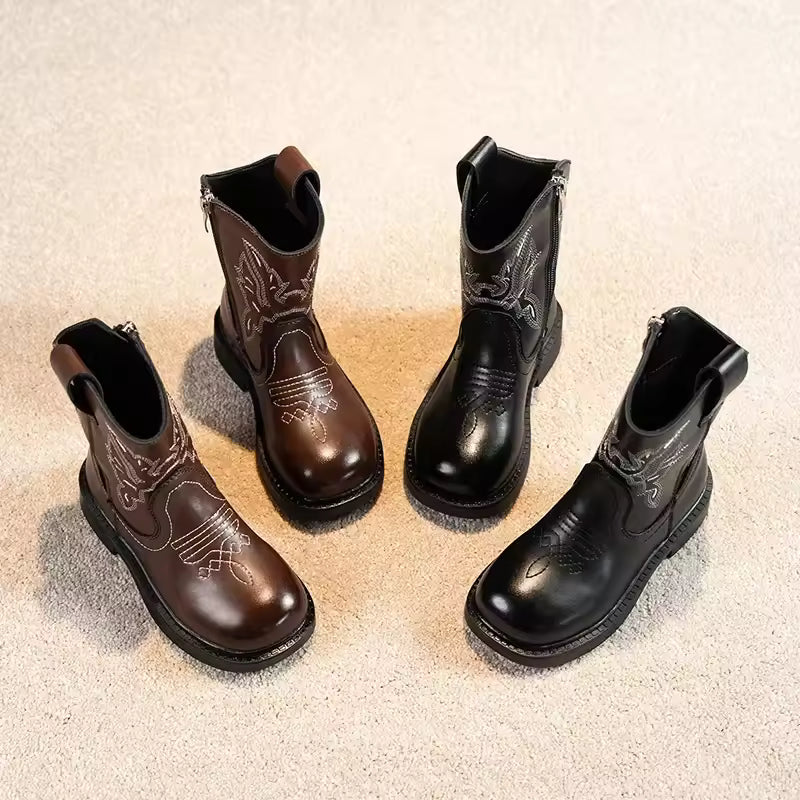 Girls' PU Leather Waterproof Mid-Calf Round Toe Block Heel Cowgirl Boots - CB079