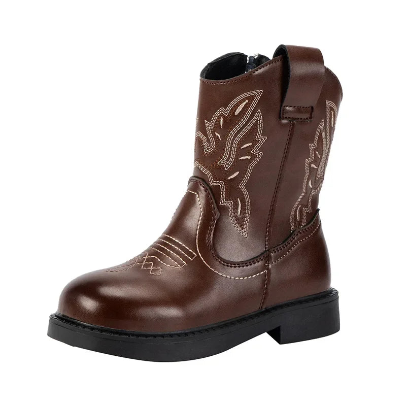 Girls' PU Leather Waterproof Mid-Calf Round Toe Block Heel Cowgirl Boots - CB079