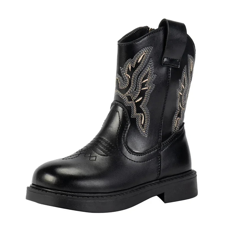 Girls' PU Leather Waterproof Mid-Calf Round Toe Block Heel Cowgirl Boots - CB079