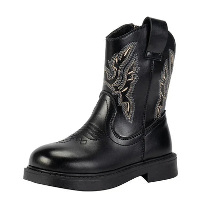 Girls' PU Leather Waterproof Mid-Calf Round Toe Block Heel Cowgirl Boots - CB079